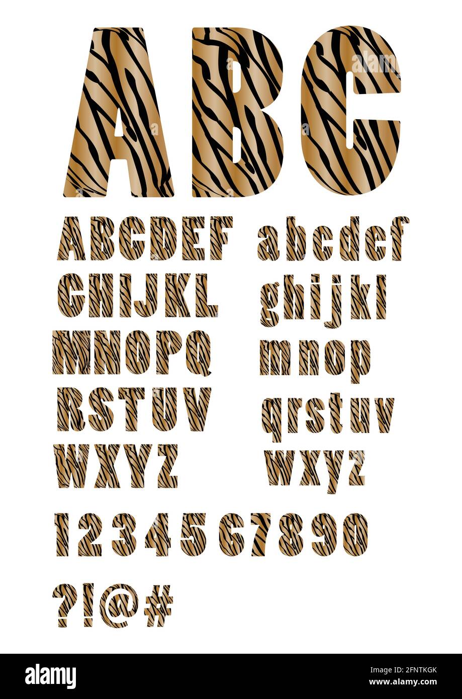 Alfabeto con skin stile tigre, lettere maiuscole e minuscole, numeri, punto interrogativo ed esclamativo, caratteri at e hash Illustrazione Vettoriale