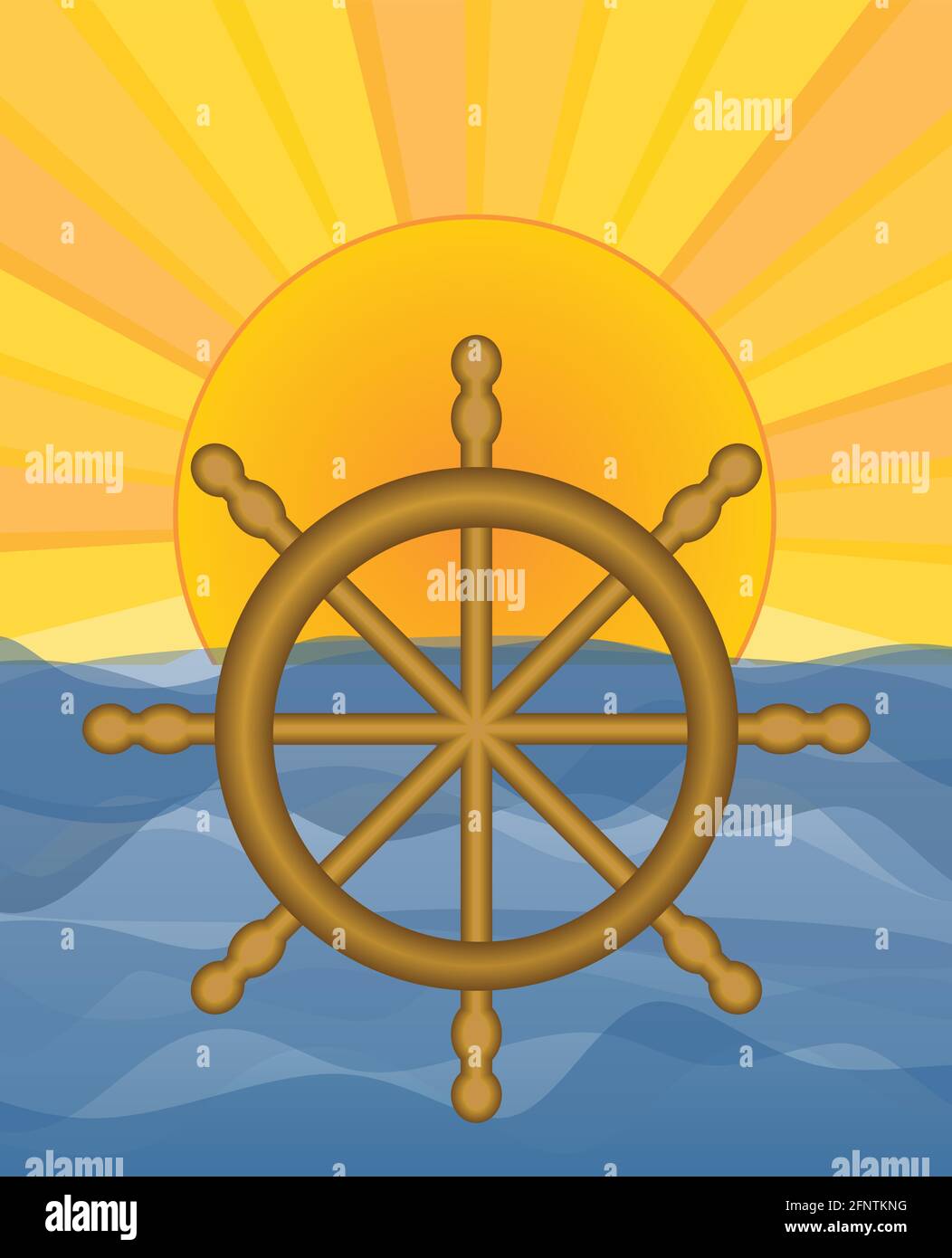 Mare con sole intorno al livello, in primo piano timone. Sfondo adatto per sport acquatici, noleggio barche, attività di pesca, gite in barca. Allegra estate b Illustrazione Vettoriale
