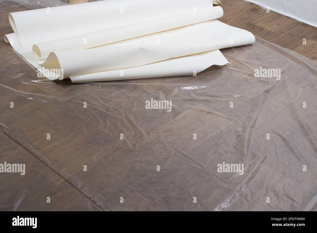 Rotoli di carta da parati bianca sul pavimento durante i lavori di ristrutturazione. Incollaggio di sfondi, posizionare per il testo. Foto Stock