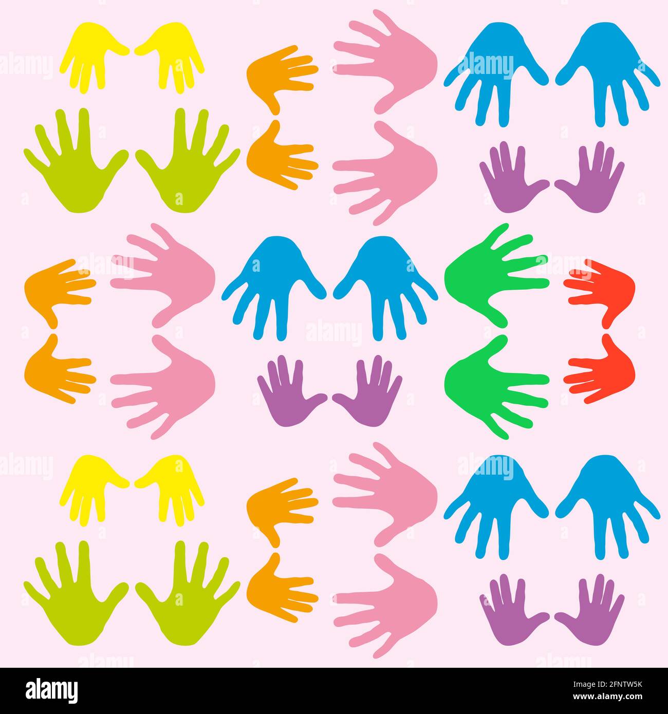 Giornata internazionale dei bambini. Concetto dell'evento. Palme per bambini. Coppie di mani grandi e piccole Illustrazione Vettoriale