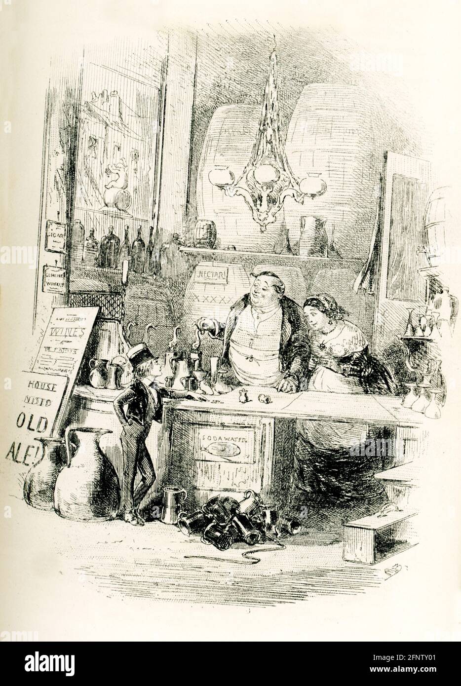 Il romanziere inglese Charles Dickens (1837–1870) pubblicò il suo romanzo David Copperfield descrivendo in dettaglio le sue avventure nel suo viaggio dall'infanzia alla maturità. Fu pubblicato per la prima volta come serie nel 1849–50, e come libro nel 1850. L'illustratore era Hablot Browne. Lo pseudonimo di Browne era 'Phiz'; Dickens' era 'Boz'. Si noti il nome "Phiz" sotto questa illustrazione di Browne che ha la didascalia "il mio ordine magnifico alla Casa pubblica". Foto Stock