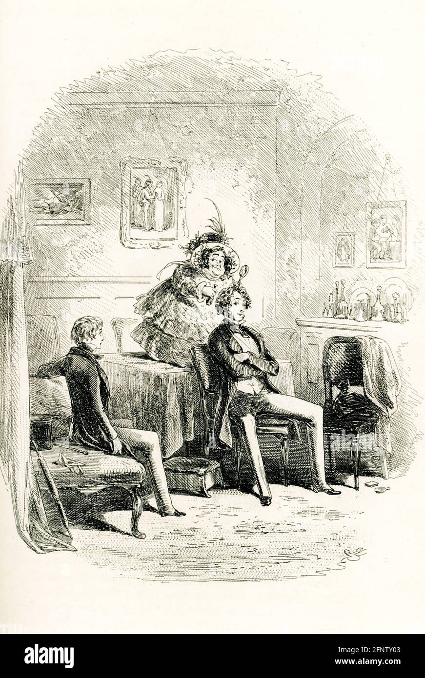 Il romanziere inglese Charles Dickens (1837–1870) pubblicò il suo romanzo David Copperfield descrivendo in dettaglio le sue avventure nel suo viaggio dall'infanzia alla maturità. Fu pubblicato per la prima volta come serie nel 1849–50, e come libro nel 1850. L'illustratore era Hablot Browne. Lo pseudonimo di Browne era 'Phiz'; Dickens' era 'Boz'. Si noti il nome "Phiz" sotto questa illustrazione di Browne che ha la didascalia "i make the familiance of Miss Mowcher". Foto Stock