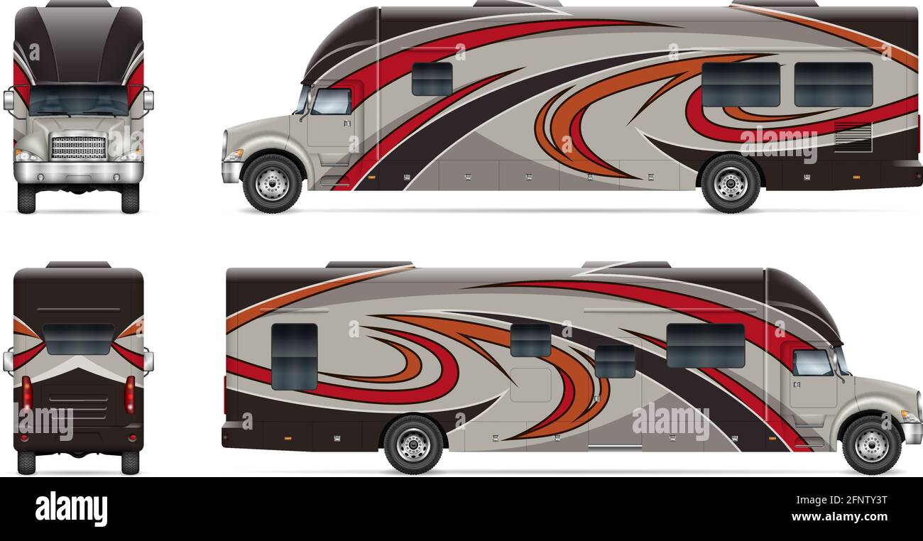 Veicolo ricreativo mockup vettore su bianco per il marchio del veicolo, identità aziendale. Tutti gli elementi nei gruppi su livelli separati per una facile modifica Illustrazione Vettoriale