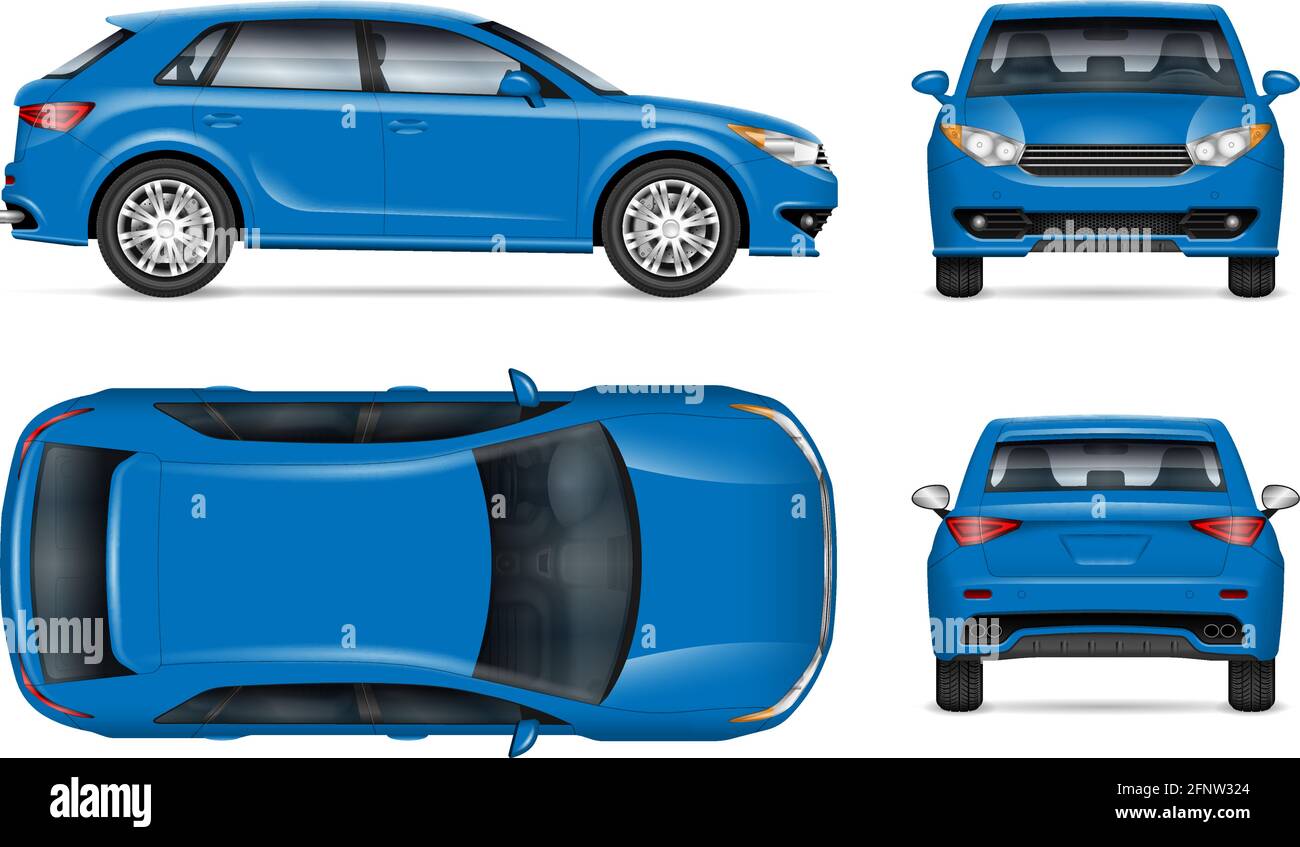 Mockup vettoriale per auto crossover compatto su bianco per il branding dei veicoli e l'identità aziendale. Tutti gli elementi dei gruppi su livelli separati per facilitare la modifica Illustrazione Vettoriale