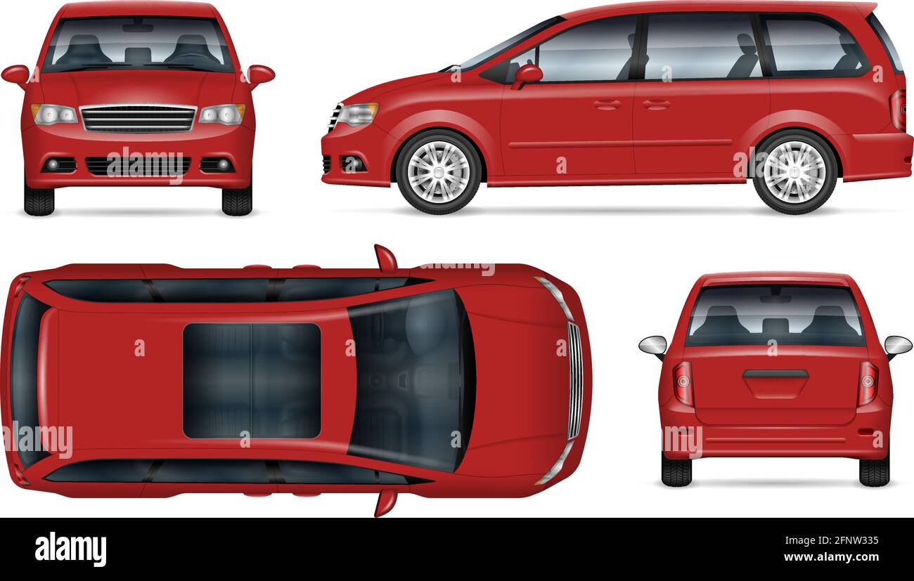 Mockup vettore minivan rosso su sfondo bianco per il marchio del veicolo, l'identità aziendale. Tutti gli elementi dei gruppi su livelli separati per facilitare la modifica Illustrazione Vettoriale