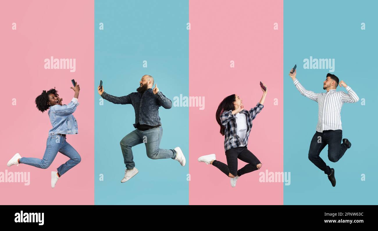 Ritratto di gruppo di persone su sfondo multicolore, collage, opere d'arte Foto Stock