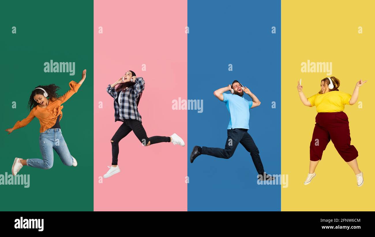 Ritratto di gruppo di persone su sfondo multicolore, collage, opere d'arte Foto Stock