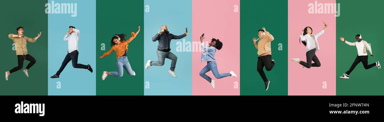 Ritratto di gruppo di persone su sfondo multicolore, collage, opere d'arte Foto Stock