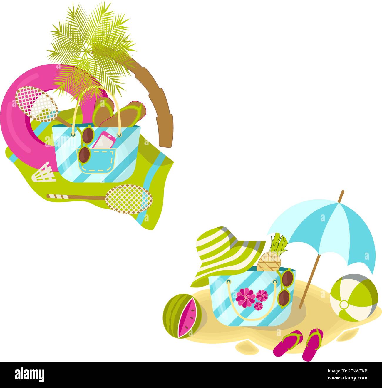 Set di due composizioni di spiaggia estiva trasparenti isolate disegnate un cartone animato in stile piatto Illustrazione Vettoriale