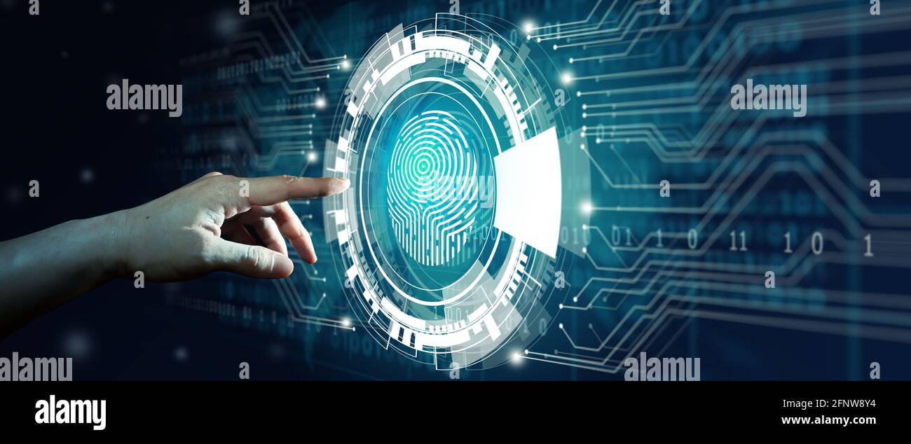 Uomo d'affari che utilizza la scansione delle impronte digitali. La scansione delle impronte digitali consente l'accesso con l'identificazione biometrica sulla convergenza digitale. Tecnologia, sicurezza. Foto Stock