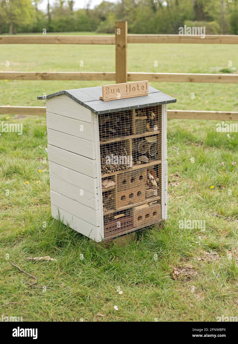 Shotgate, Essex, Inghilterra, maggio 2021, un bug hotel è stato costruito e collocato in un parco. Foto Stock