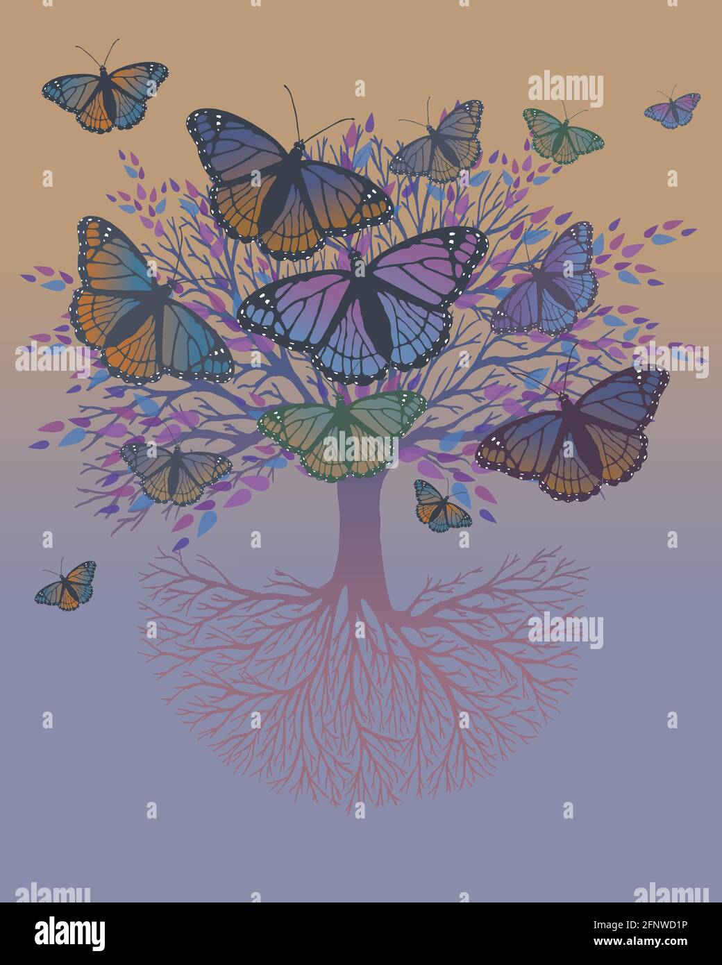 Un albero di vita con farfalle che si siedono sui rami e che volano intorno all'albero. Lo sfondo è un gradiente verde arancione viola Illustrazione Vettoriale