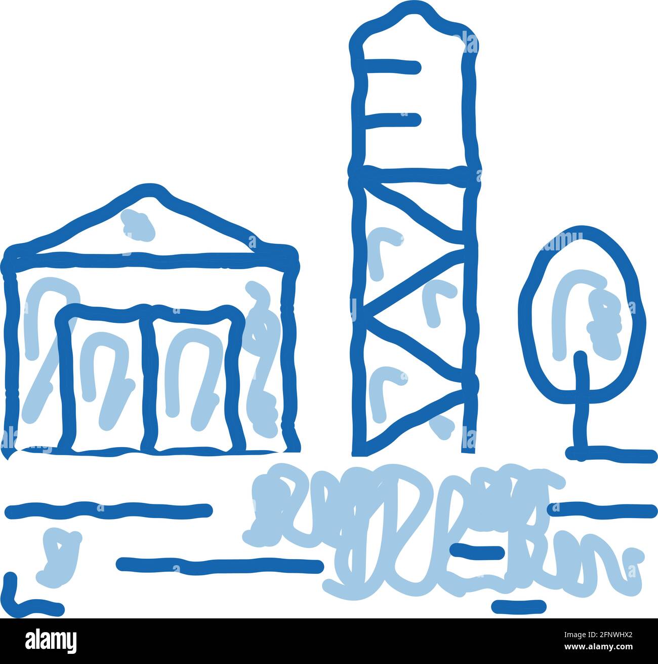 torre di legno con casa doodle icona illustrazione disegnata a mano Illustrazione Vettoriale