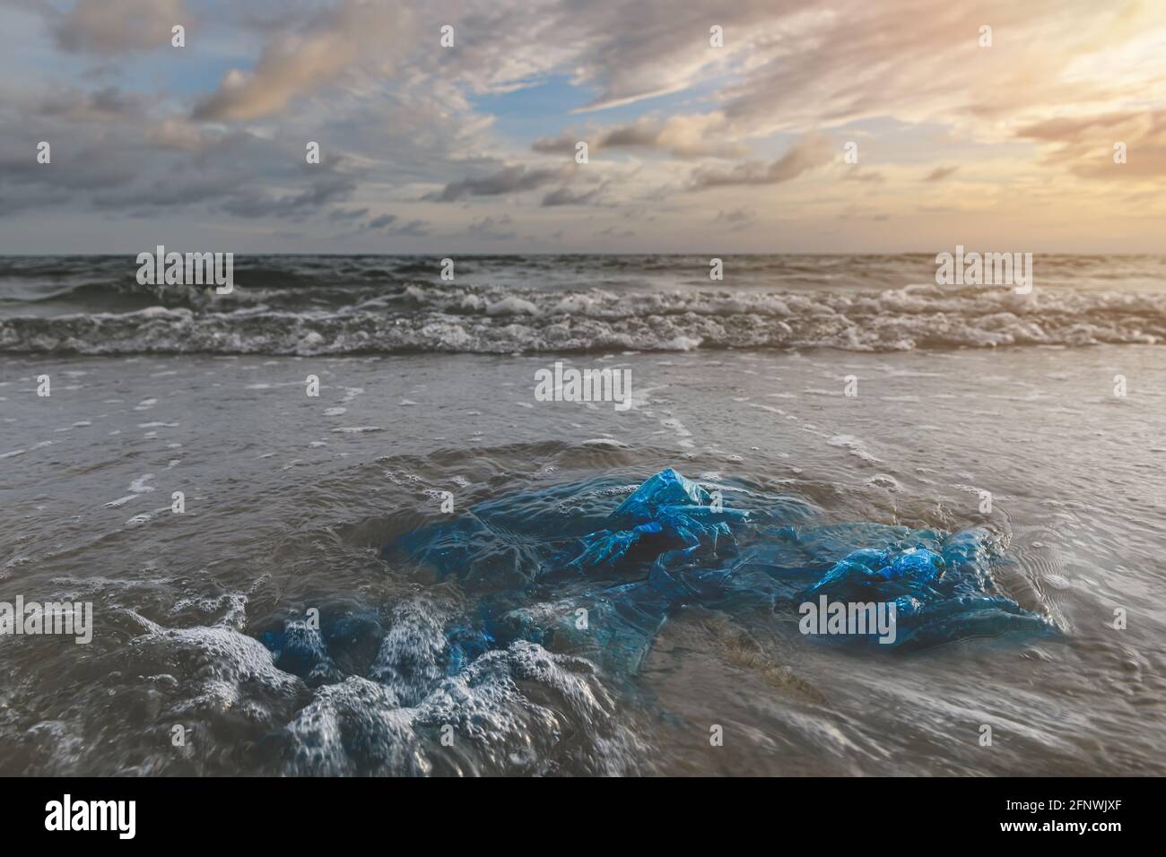 Rifiuti di plastica sulla spiaggia di mare con luce solare all'aperto. Foto Stock