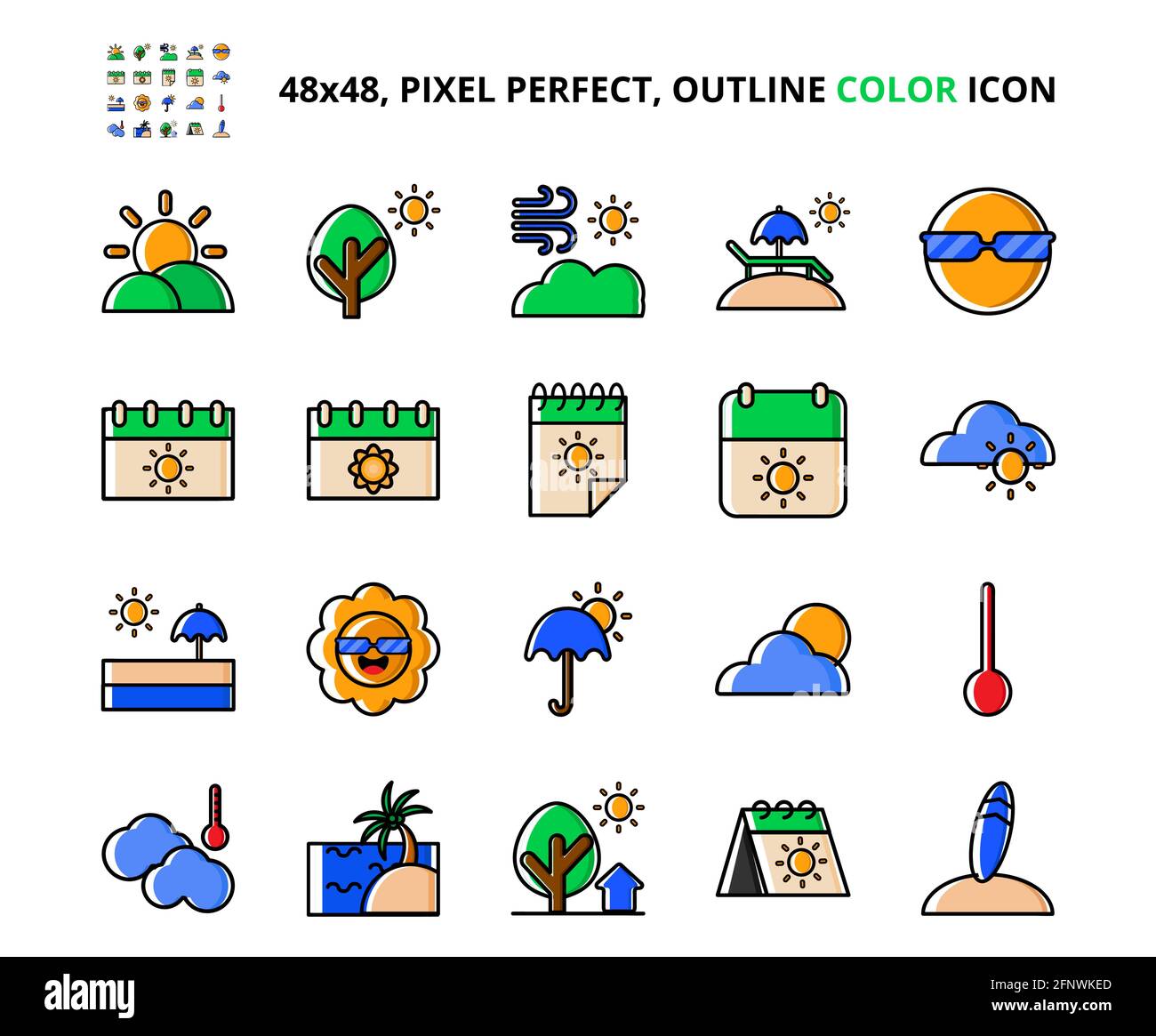Summer Related pixel Perfect Coloured Icon Set Vector Illustration Design icona accattivante. Perfetto per sito web, presentazione, applicazione, social med Illustrazione Vettoriale