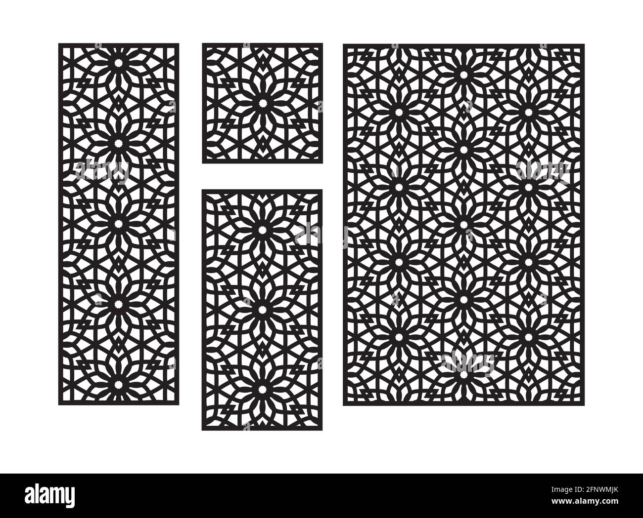 Modello laser arabo-islamico cnc con fiori. Pannello decorativo, schermo, parete. Pannello Vector cnc per taglio laser. Dima per divisorio interno Illustrazione Vettoriale