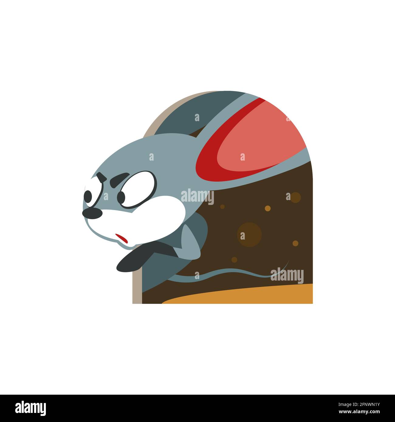 Cartoon mouse guarda cautamente fuori dalla casa. Carattere dell'illustrazione vettoriale isolato su sfondo bianco. Illustrazione Vettoriale