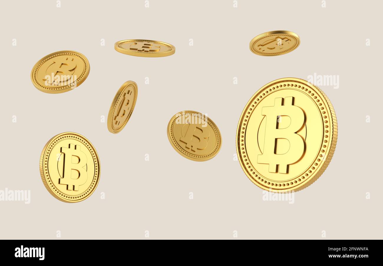 Moneta di Bitcoin che vola su sfondo chiaro. Bitcoins criptovaluta. Blockchain, scambio di denaro digitale. Diverse posizioni e rotazioni. rendering 3d. Foto Stock