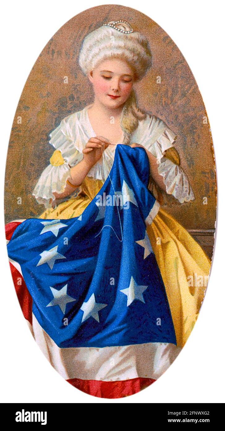 Bandiera di Betsy Ross. Betsy Ross cucire una bandiera. Litografia a colori, c. 1903 Foto Stock