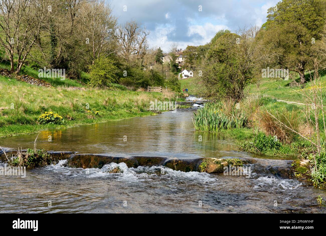 Il fiume Bradford a Bradford Dale nel Derbyshire Peak District sotto il villaggio di Youlgrave Foto Stock