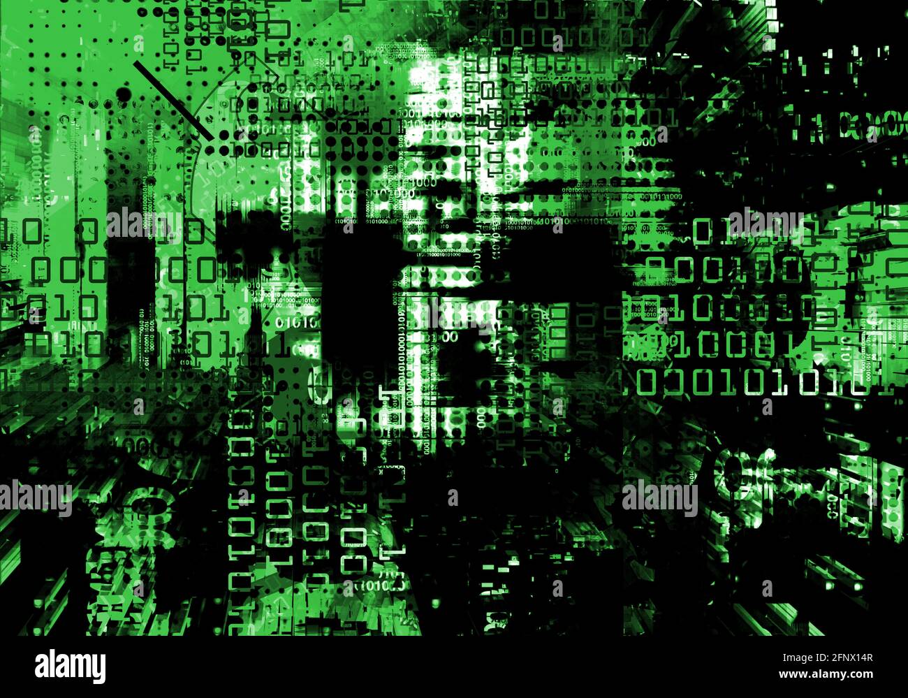 Codice binario, background astratto della tecnologia espressiva. Sfondo verde e grunge per l'informatica e le tecnologie digitali, hacking. Foto Stock