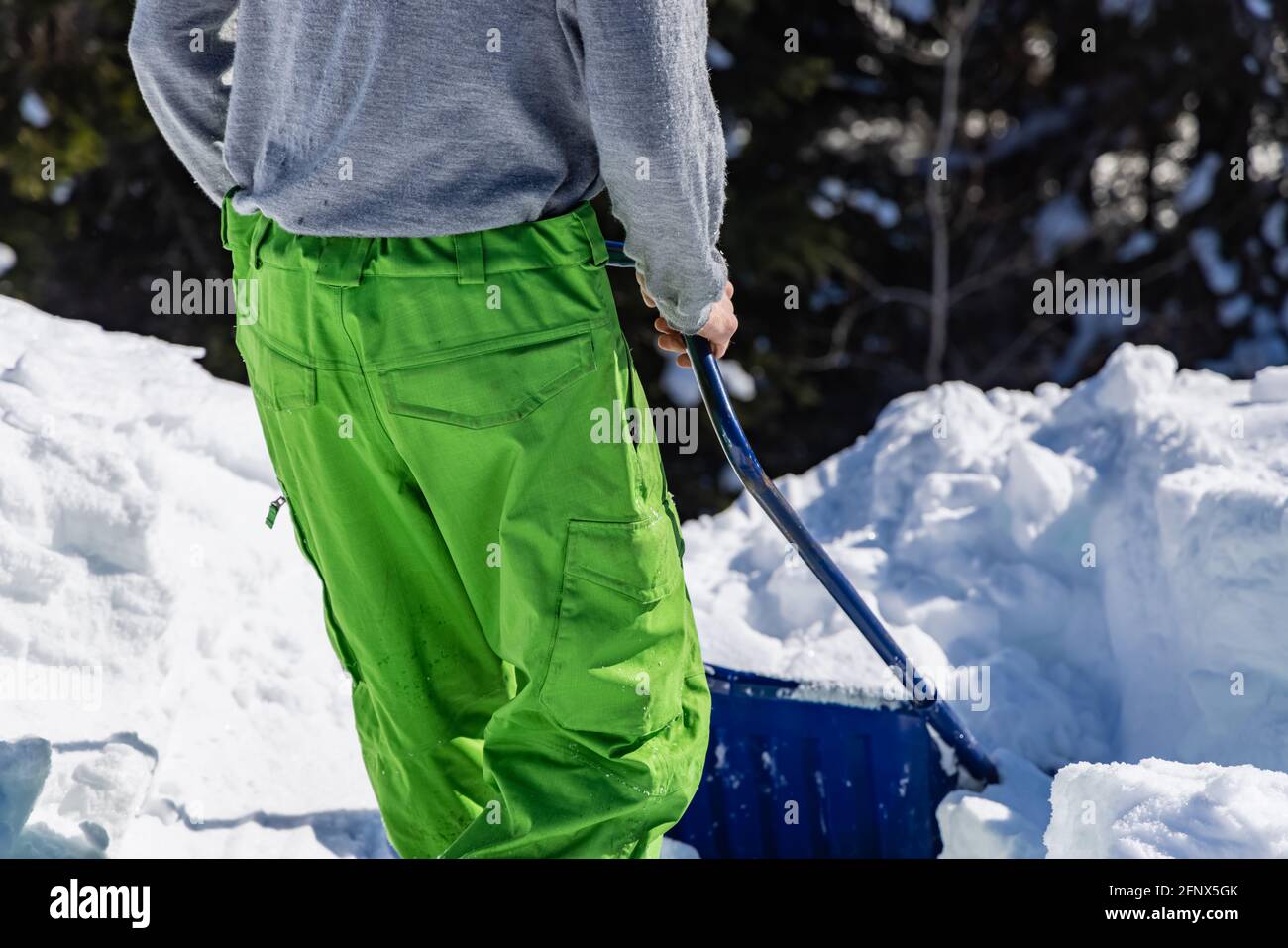Vista da dietro delle mani e delle gambe di un giovane uomo che rimuove la neve fresca dal tetto di una casa di campagna utilizzando una pala manuale blu. Foto Stock