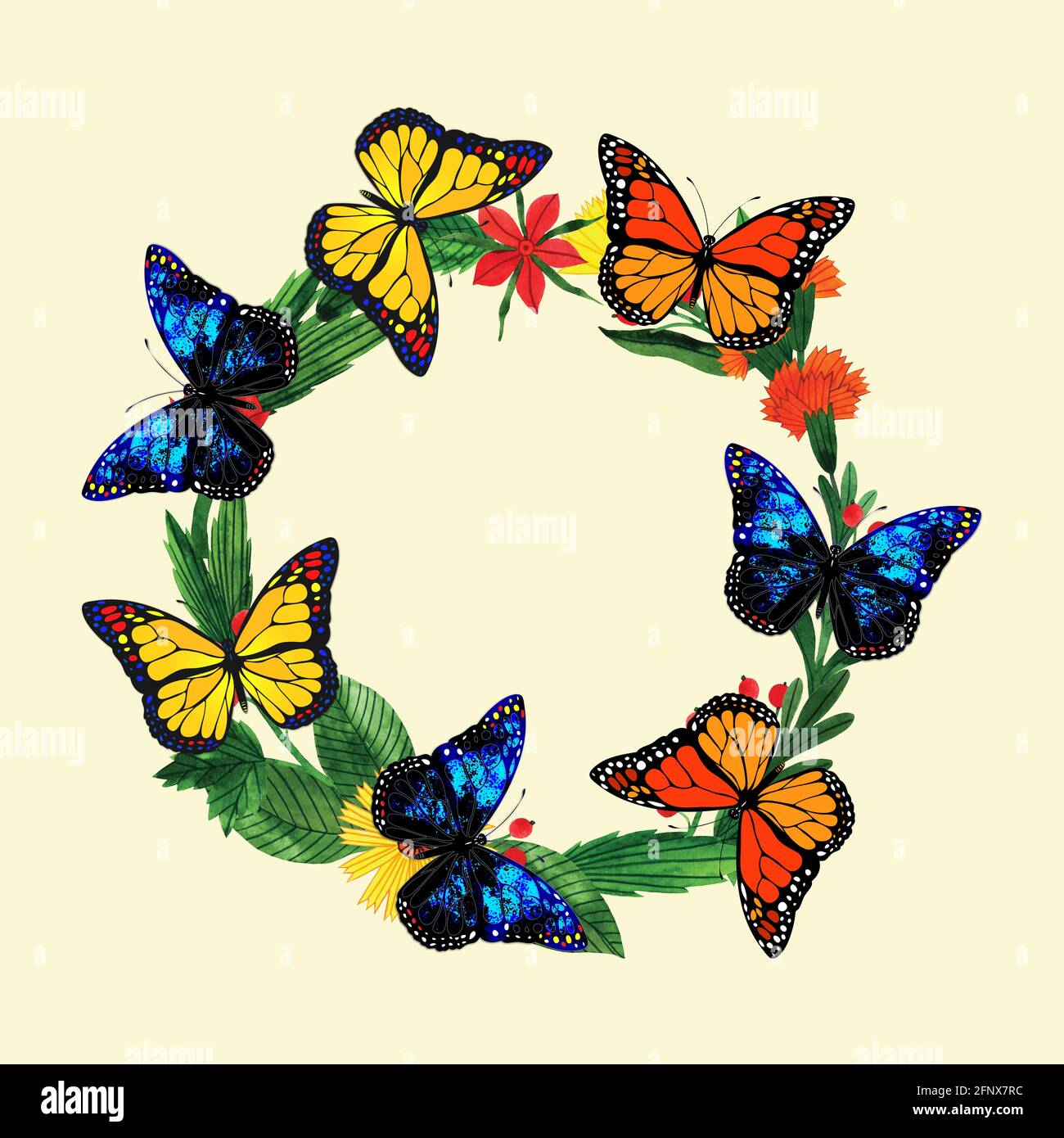 Farfalle assortite sulla corona. Arte digitale illustrativa per bambini. Foto Stock