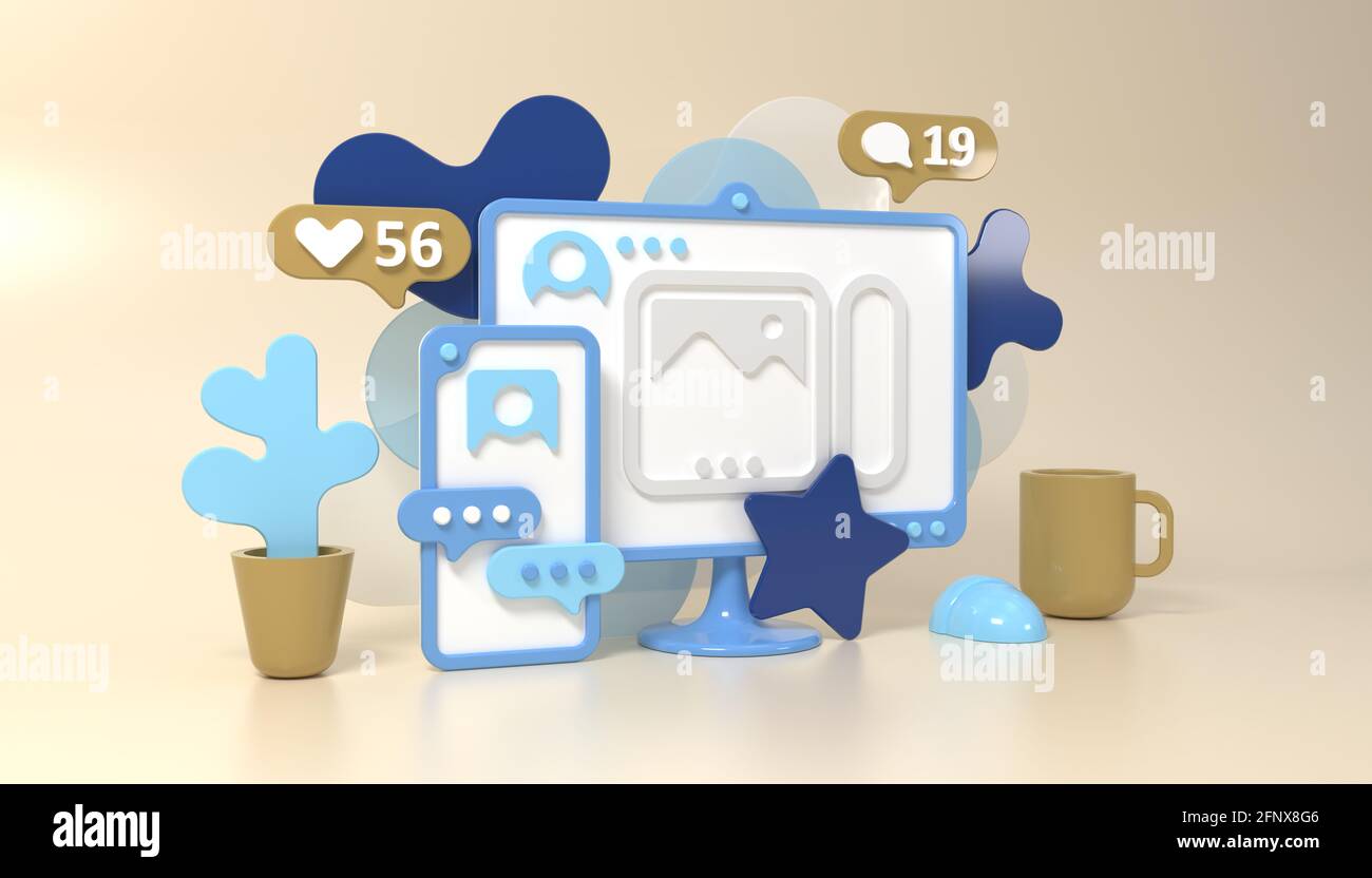 Illustrazione del concetto di social media in stile 3d con smartphone, computer, coppa e fiore. Come, commentare e seguire le icone. Reti sociali persone communica Foto Stock