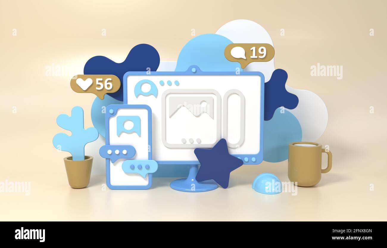 Illustrazione del concetto di social media in stile 3d con smartphone, computer, coppa e fiore. Come, commentare e seguire le icone. Reti sociali persone communica Foto Stock