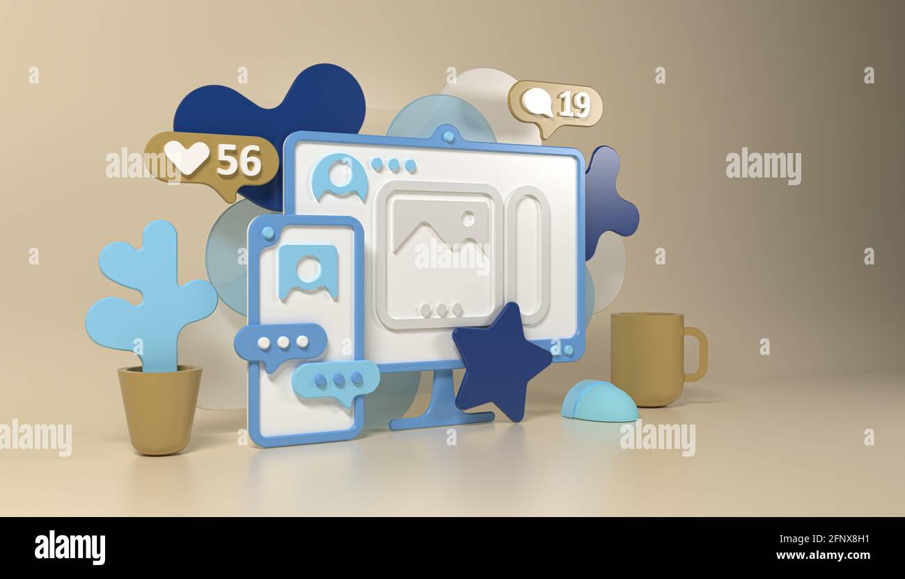 Illustrazione del concetto di social media in stile 3d con smartphone, computer, coppa e fiore. Come, commentare e seguire le icone. Reti sociali persone communica Foto Stock