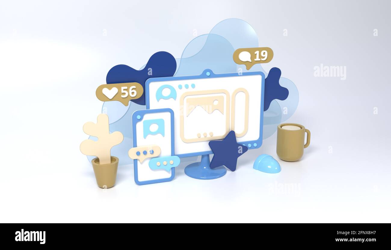 Illustrazione del concetto di social media in stile 3d con smartphone, computer, coppa e fiore. Come, commentare e seguire le icone. Reti sociali persone communica Foto Stock