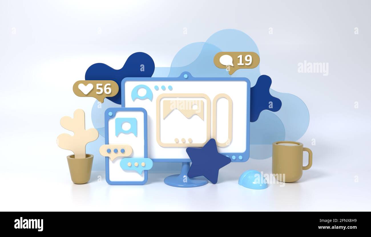 Illustrazione del concetto di social media in stile 3d con smartphone, computer, coppa e fiore. Come, commentare e seguire le icone. Reti sociali persone communica Foto Stock