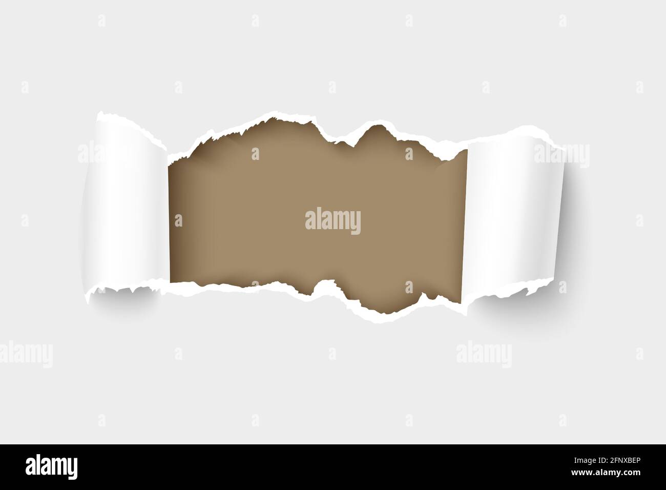 Immagine vettoriale 3d realistica della carta strappata con bordi arrotolati con cornice per il testo. Foro nella carta Illustrazione Vettoriale