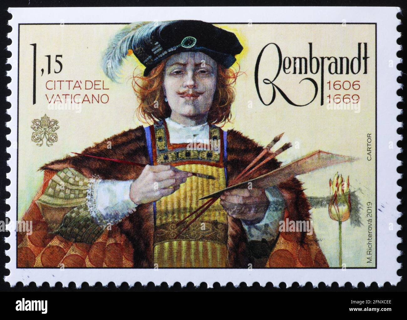 Ritratto di Rembrandt sul timbro della Città del Vaticano Foto Stock