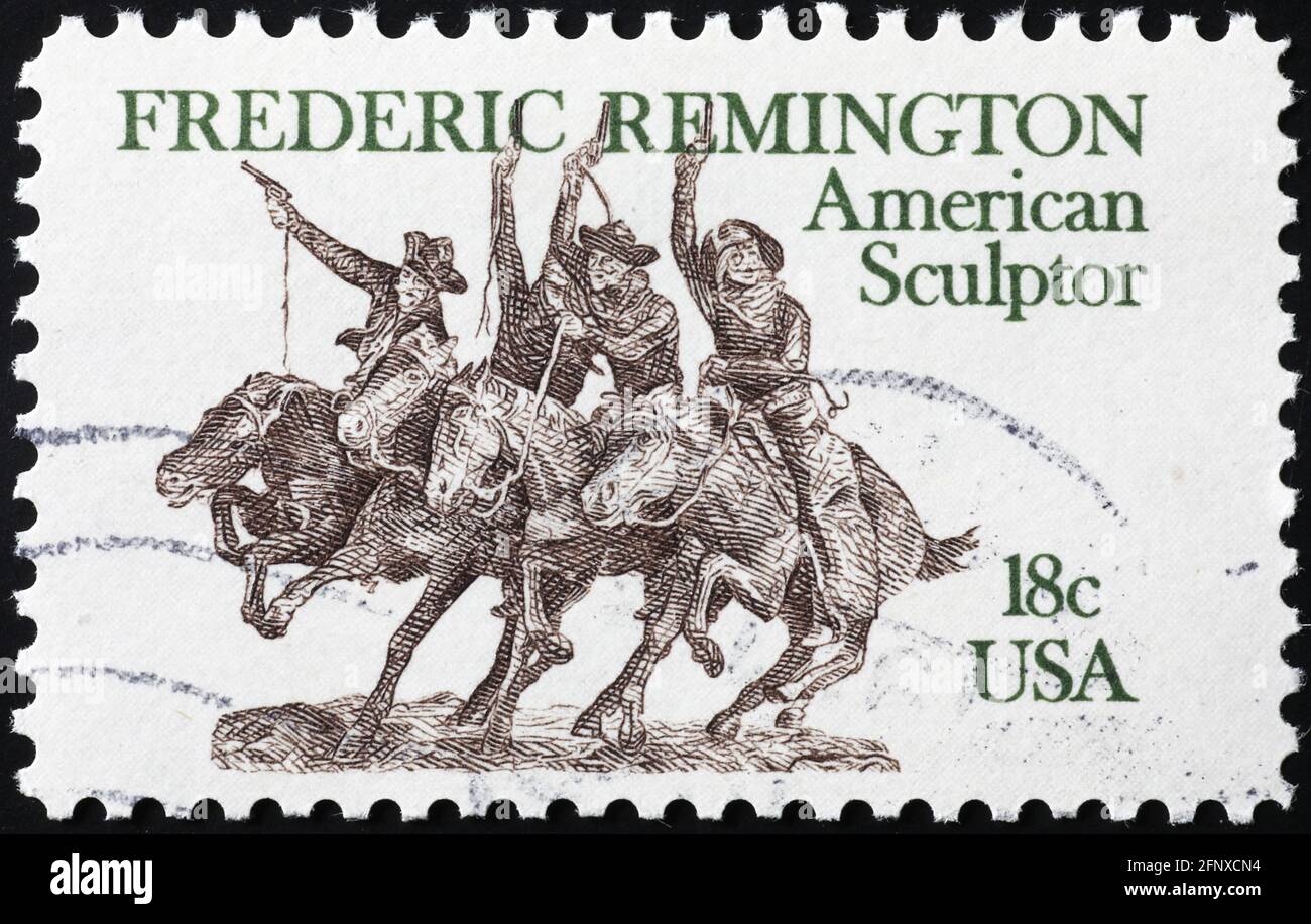 Scultura di Frederic Remington su francobollo americano Foto Stock