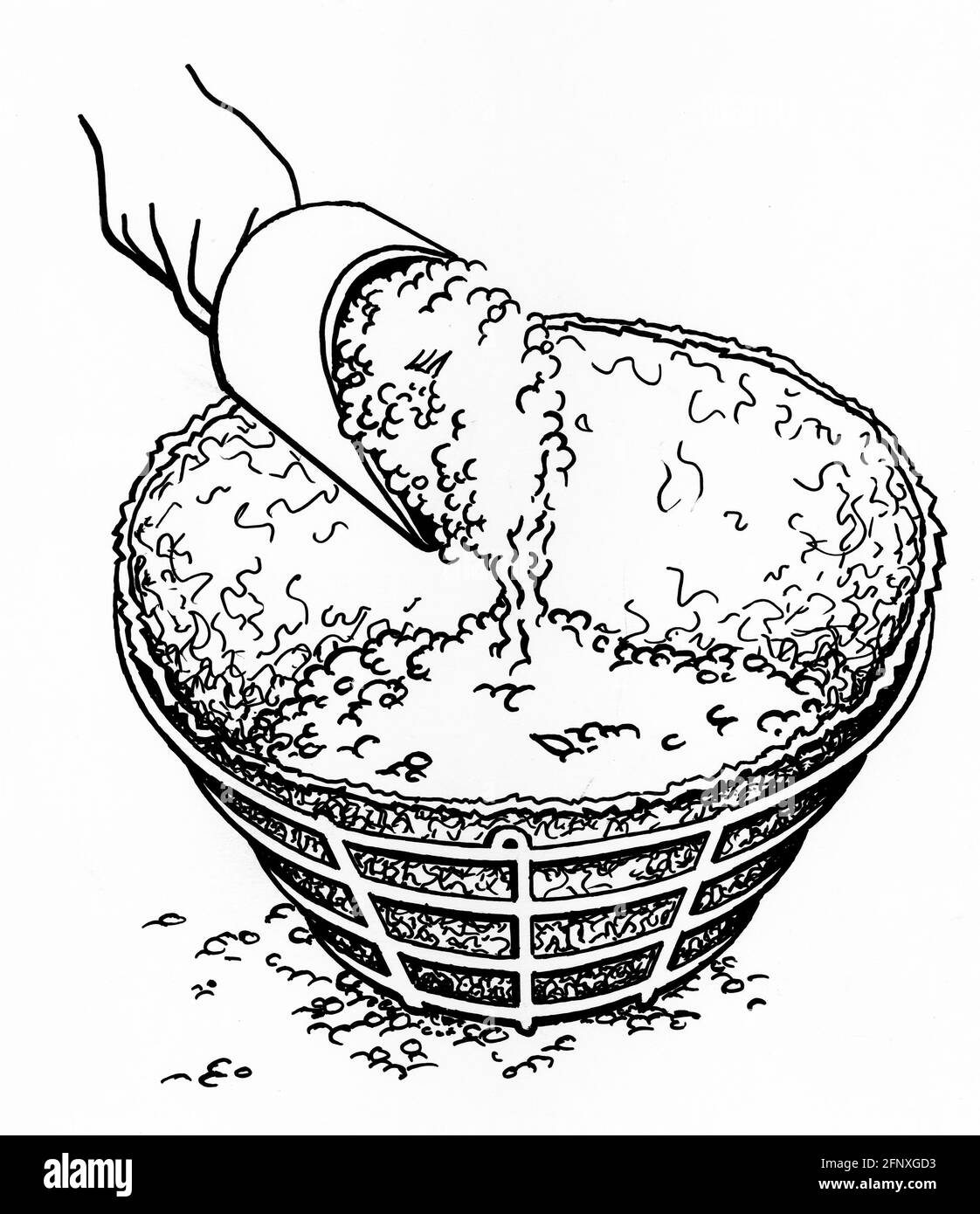 Un disegno di una mano che riempie un rivestimento di muschio di sfinimento in un cestino appeso con impasto di vasellatura Foto Stock