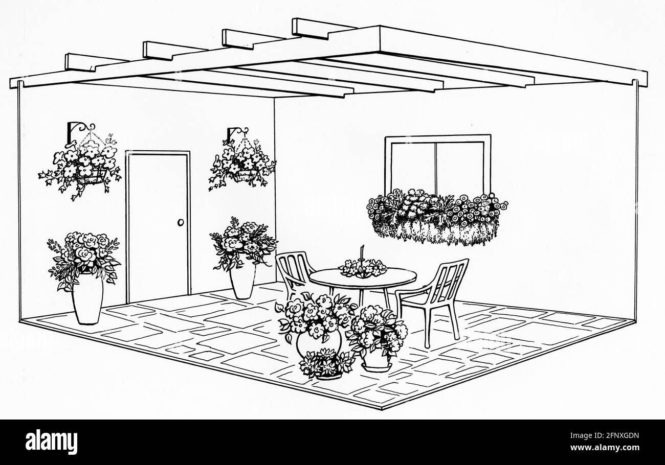 Un disegno di una stanza decorata con cestini appesi completati e vari stili di piantatrici Foto Stock