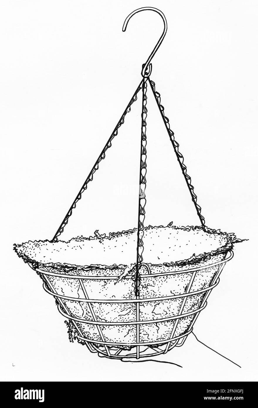 Un disegno di una mano che tiene su un cestino appeso e un rivestimento di muschio di sphagnum con una catena rigida Foto Stock