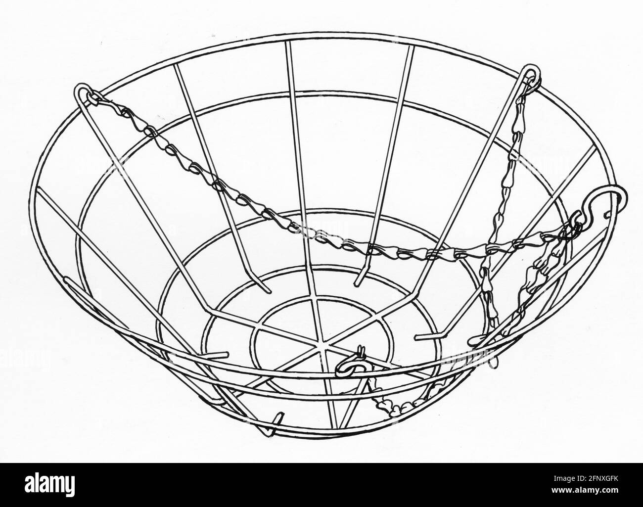 Un disegno di un cestello di sospensione a filo tipicamente usato per piante domestiche Foto Stock