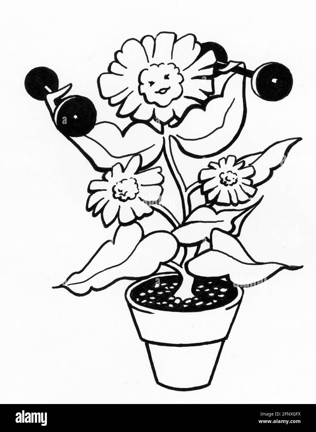 Un disegno in stile cartone animato di una pianta di pentola sana e felice esercitarsi con barbells Foto Stock