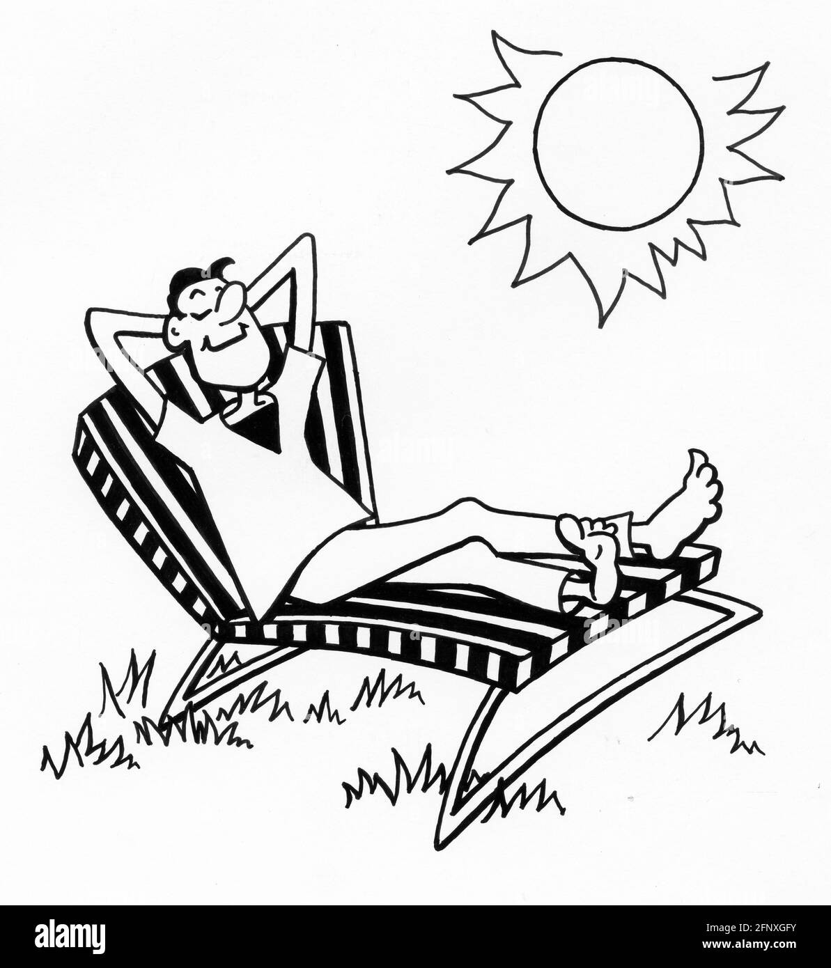 Un disegno in stile cartoon di un uomo che si rilassa su un sedia da giardino in una calda giornata di sole Foto Stock
