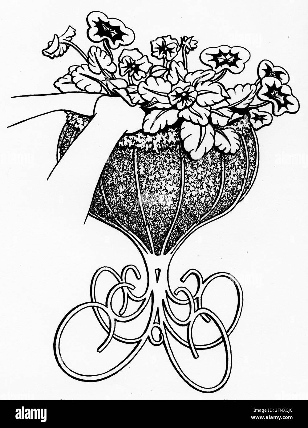 Un disegno di una piantatrice completata con muschio di sfagnum liner e piante giovani che sono state piantate in cima Foto Stock