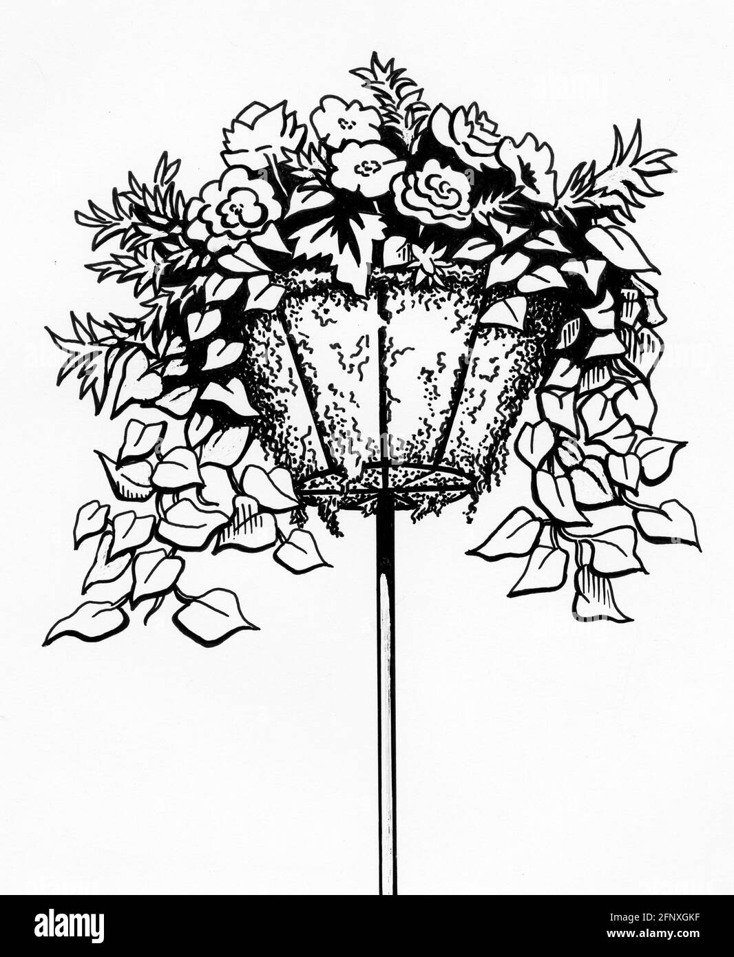 Un disegno di un cesto completato su uno stand con un rivestimento di muschio di sfagnum e piante fiorenti Foto Stock