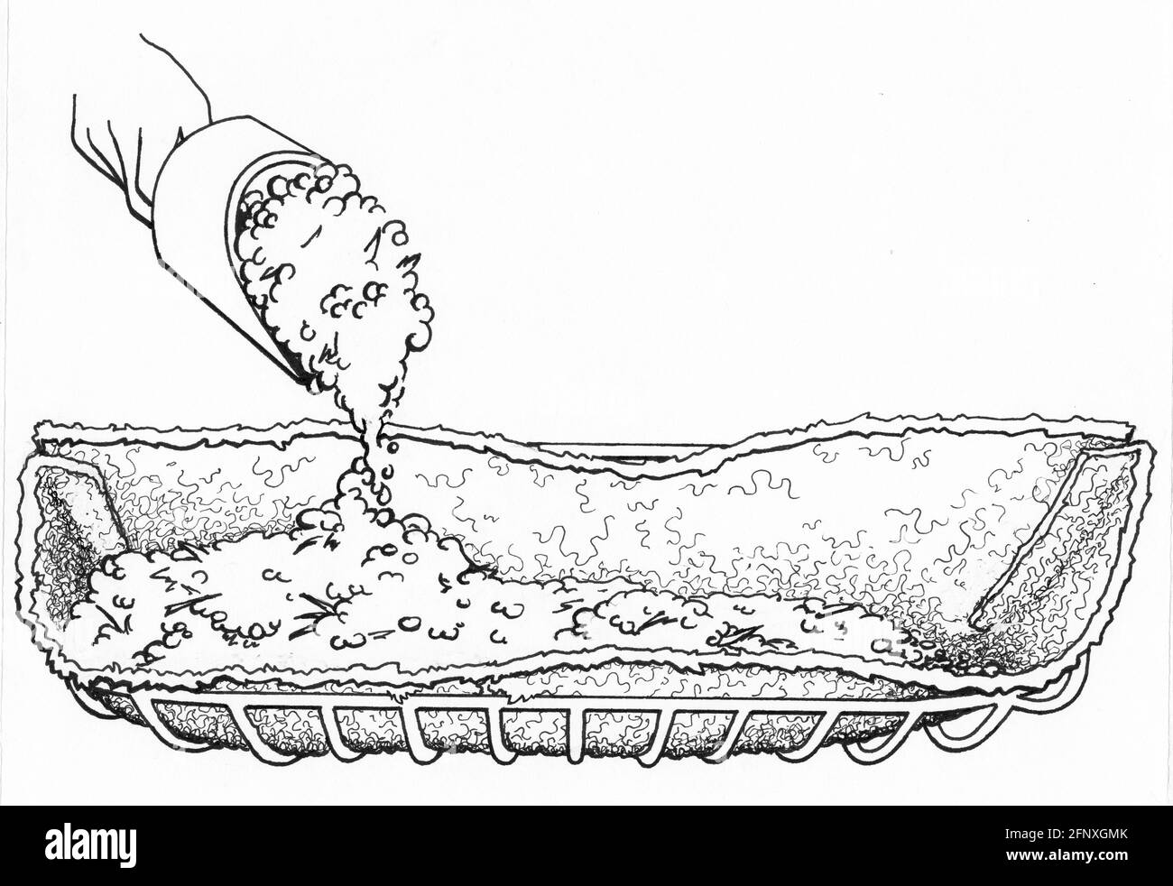 Un disegno di una persona che riempie una piantatrice hayrack con impasto per vasellatura Foto Stock