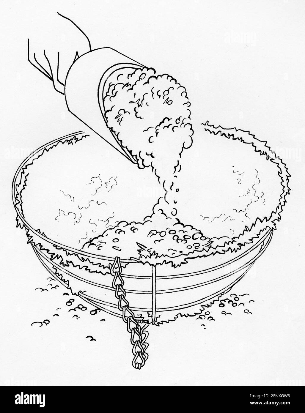 Un disegno di una mano che aggiunge la miscela di vasellatura ad un cestino appeso con fodera in muschio di sfagnum Foto Stock