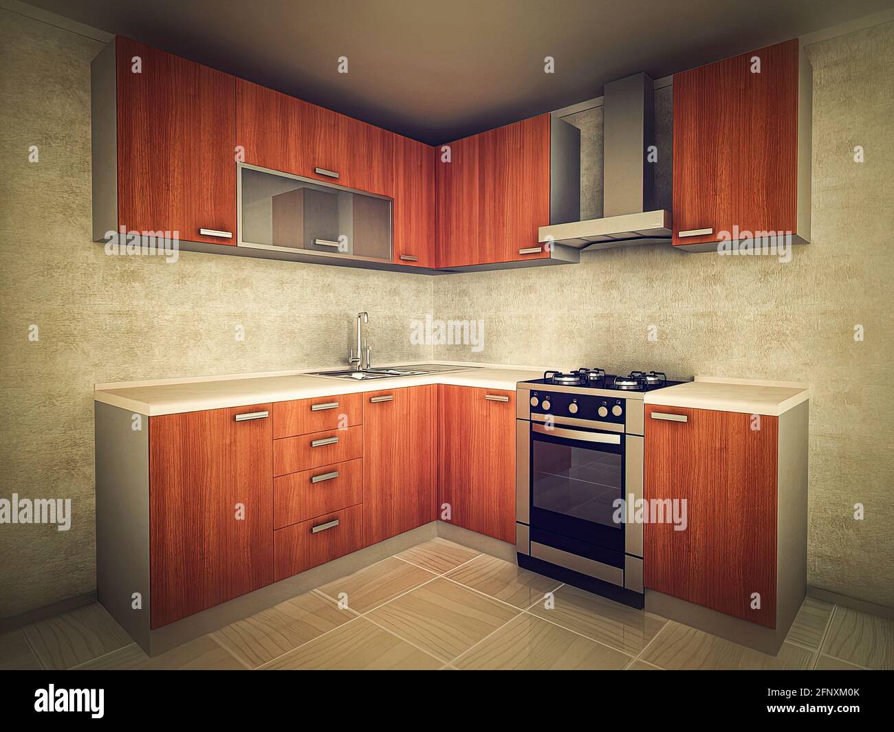 illustrazione in 3d del concetto di cucina moderna in stile tradizionale. Design interno della cucina in colori chiari. Foto Stock