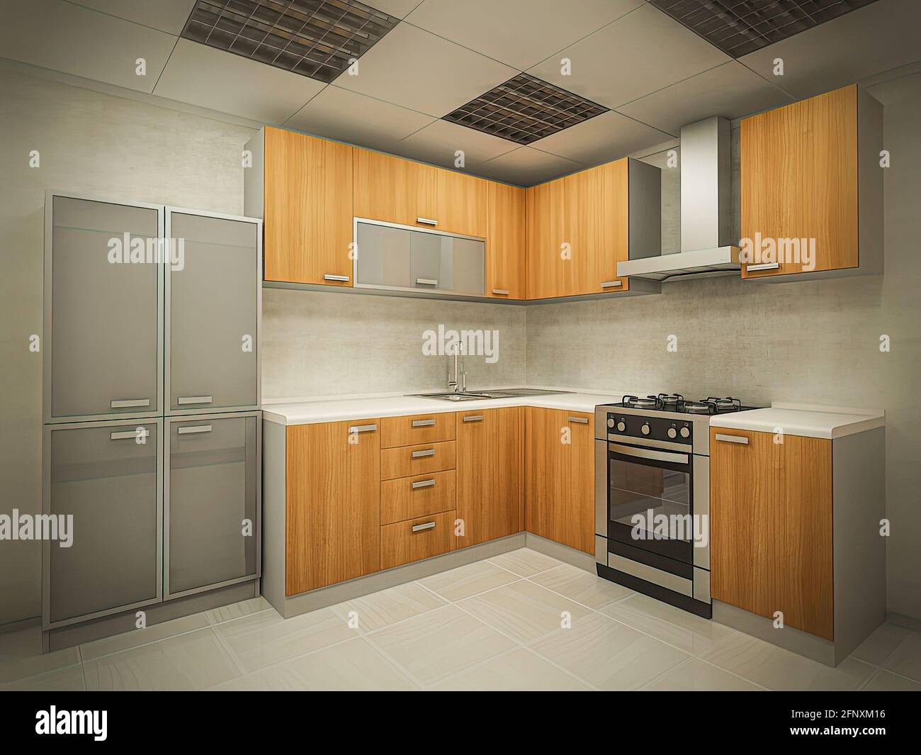 illustrazione in 3d del concetto di cucina moderna in stile tradizionale. Design interno della cucina in colori chiari. Foto Stock