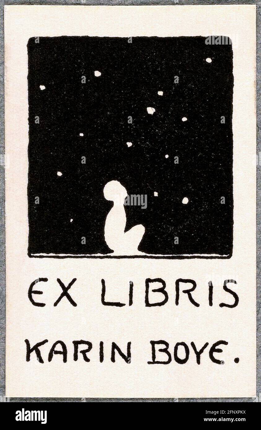 1940 c.. , SVEZIA : l'ex LIBRIS della donna svedese poeta, scrittore e traduttrice KARIN MARIA BOYE ( 1900 - 1941 ). Incisore sconosciuto . - POETA - POETA - poeta - poetessa - POESIA - POESIA - LETTERATURA - LETTERATURA - traduttore - traduttrice - SVEZIA - SCRITTORE - SCRITTRICE - scrivania - scribania - stelle - cielo notturno --- ARCHIVIO GBB Foto Stock