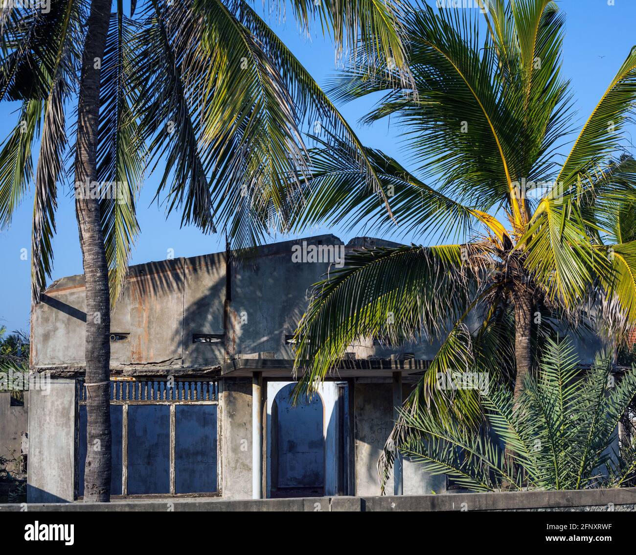 Casa derelict che ha subito danni durante la guerra civile, Jaffna, Provincia del Nord, Sri Lanka Foto Stock