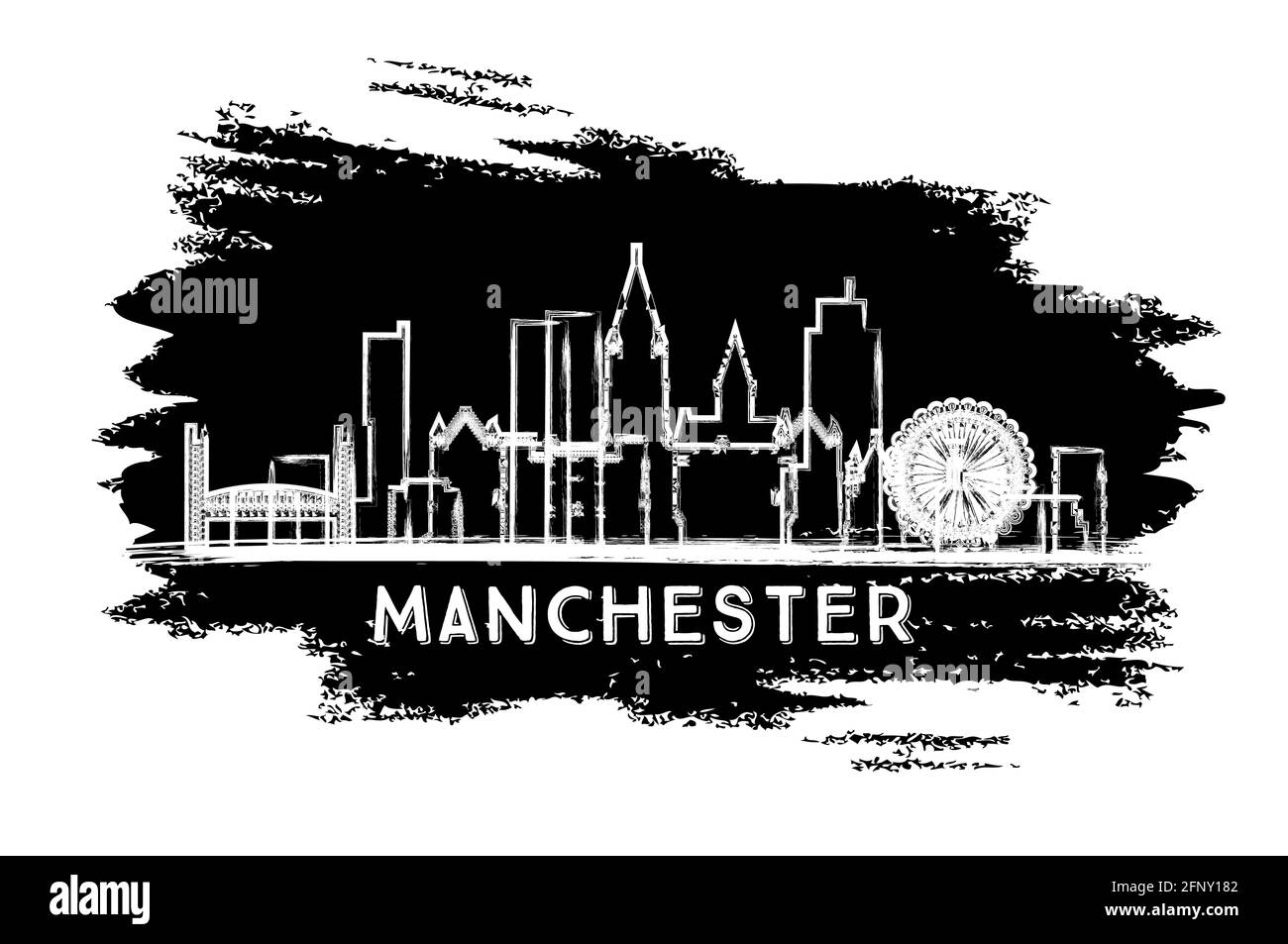 Silhouette Skyline Manchester UK City. Schizzo disegnato a mano. Concetto di viaggio d'affari e turismo con architettura storica. Illustrazione vettoriale. Illustrazione Vettoriale